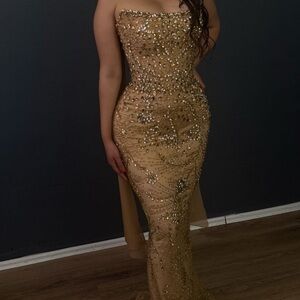 Elegant Gold Strapless Evening Gown